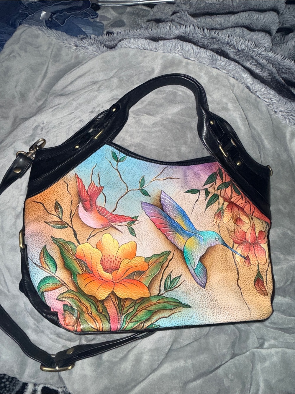 Hand-Painted Hummingbird Floral Shoulder Bag in Multicolor